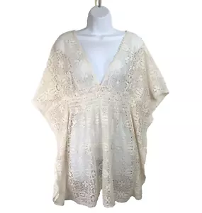 Swim Cover Up Dress One Size OSFM Ivory Crochet Lace V Neck Open Back Tassels - Picture 1 of 7
