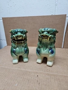 Vintage Blue Green Brown Chinese Lion Dragon Statues Foo Dogs 7.5" Rich Glazed - Picture 1 of 20