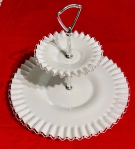 Vintage Fenton Milk Glass Silver Crest 2 Tier Tidbit Sandwich Serving Tray - Picture 1 of 6