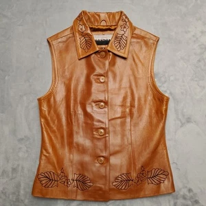 Saguaro Leather Vest Womens Small Embroidered Floral Button Up Western India - Picture 1 of 14