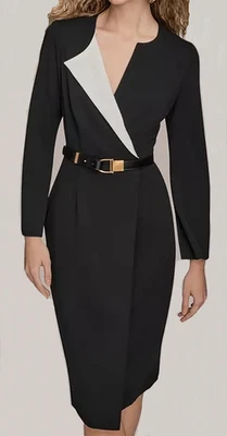 NWT Donna Karan NY Long-Sleeve Belted Lined Midi Dress, 4, Black/Wh Trim, $179 - Image 1 of 4