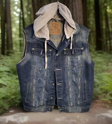 Chaleco de mezclilla Bare Fox para hombre 2XL con capucha desgastado Gorpcore abotonado Foto 1 de 4