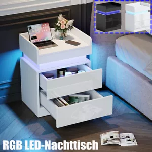 Nachttisch Hochglanz Nachtschrank RGB LED Beistelltisch Sofatisch 2 Schubladen - Bild 1 von 19