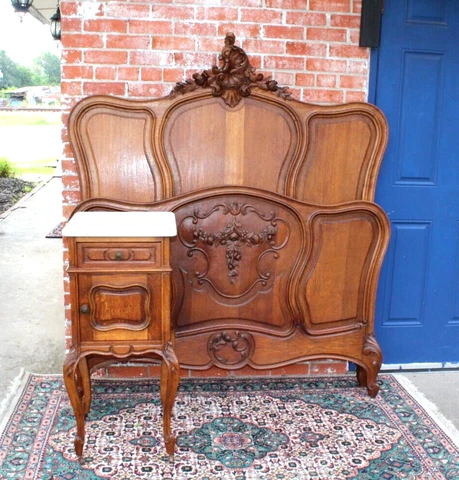 French Antique Carved Oak Louis XV Full Size Bed & Nightstand Cover