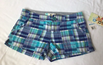 NWT ROXY  Y2K Low Rise Shorts  Blue Turquoise Green Plaid Mini Size 3 - Image 1 of 4