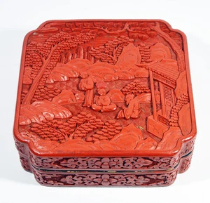 19x19x7 CM ANTIGUO 19o ANTIGUO CHINO DINASTÍA QING LACA CINABAR FIGURA CAJA - Imagen 1 de 12
