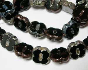 15 Jet Black Metalic Travertine Clover shaped Czech  Beads 13mm  - Picture 1 of 2