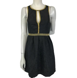 Dotti Dress Black Size 8 Gold Trim Sleeveless A Line Textured Floral Cocktail - Picture 1 of 14