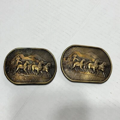 RARE 1980's (2) GULF OIL Chuck Wagon Calgary Stampede Rodeo Belt Buckle  - Image 1 of 4