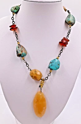 Sterling Silver Silpada Turquoise Jasper Calcite Golden Glass Pendant Necklace  - Image 1 of 4