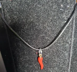 Rote Chilischote Emaille Charm Anhänger Halskette. Schwarze geflochtene Kordel. 18". - Bild 1 von 1