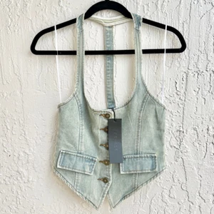 NUEVO CON ETIQUETAS Lioness NYC Sin Mangas Halter T-Back Chaleco Top Corto Denim Desteñido Mujeres AU6/XS - Imagen 1 de 6