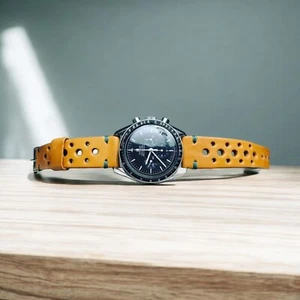 20 mm Genuine Yellow Gold Leather Watch Strap Rally holes Green stitches style - Imagen 1 de 2