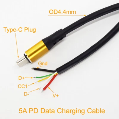 1pc 30cm USB Type-C Male Plug PD Power Cable 5A Fast Charge 5 Wires Pigtail DIY - Image 1 of 4