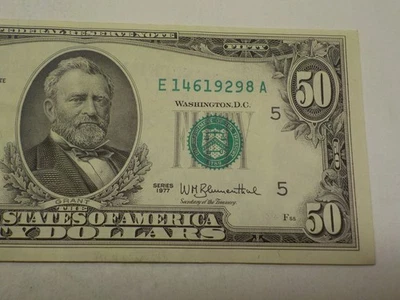 RARE AU RICHMOND 1977 $50 DOLLAR BILL E14619298A FANCY SERIAL NUMBER - Image 1 of 4