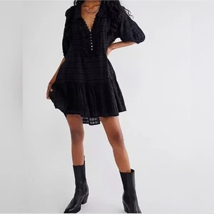 Free People Black Gauze Cotton Elora Eyelet Lace Ruffle Boho Summer Mini Dress - Picture 1 of 6