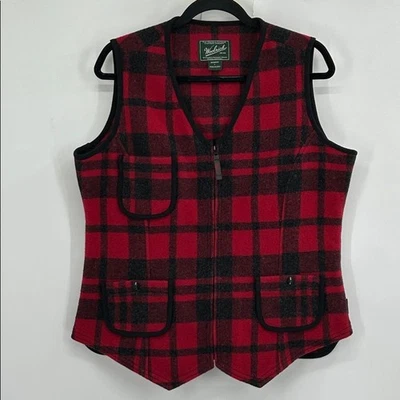 Woolrich Women’s Red and Black Plaid Wool Blend Zip Up Vest Size Large - Image 1 of 4