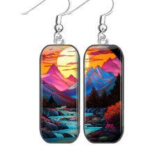 Mountain At Sunrise Earrings Faux Stained Glass Art Print Dangle Sterling Silver