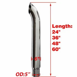 6"-5"OD Exhaust Semi Truck Tube Chrome 24" 36" 48" 60" Length Curved Stack Pipe - Picture 1 of 8