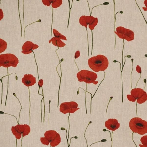 Dekostoff Halbpanama Leinenlook Poppy Field Mohnblumen natur rot 1,40m Breite - Bild 1 von 10