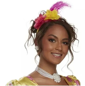 REGENCY ROMANCE PARADE GOWN~HIGH SOCIETY DRESS +HEADBAND~YELLOW/PINK FLORAL~L/XL - Picture 1 of 12