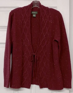 Eddie Bauer Cranberry Red Tie Front Lambswool Cashmere Cable Knit Cardigan Sz XL - Picture 1 of 4