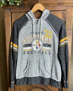 Majestic Pittsburgh Steelers Women’s M Full Zip Hooded Sweatshirt Gray Distress - Picture 1 of 9