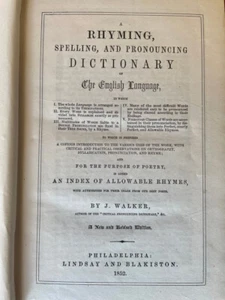 RHYMING SPELLING PRONOUNCING DICTIONARY J. WALKER 1852 HC BOOK VG CONDITION - Picture 1 of 6