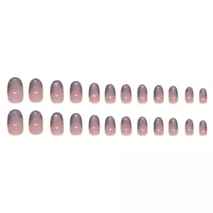 Short Oval Press-On False Nail French Elegant Sparkling Cat's Eye Manicure 24pcs - Picture 1 of 7