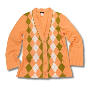 00s Y2K J Crew Cardigan Sweater Size S Argyle Cantaloupe Pink Green Preppy - Picture 1 of 8