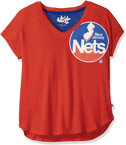 NEW Jersey Nets NBA Basketball Red Mesh V-Neck Rounded Hem T-Shirt Women's MED Cover