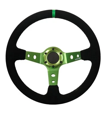 Steering Wheel 13" 350mm Deep Dish Drifting Rally Green Spars Black Suede STR  - Image 1 of 4
