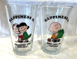 Peanuts CHARLIE BROWN, LUCY, LINUS - Happiness Is - Christmas 16 oz. Glasses TWO - Picture 1 of 3