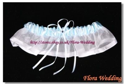 Elfenbein Organza & blau Satin Braut Hochzeit Strumpfband & österreichische Kristall Diamanten, G4