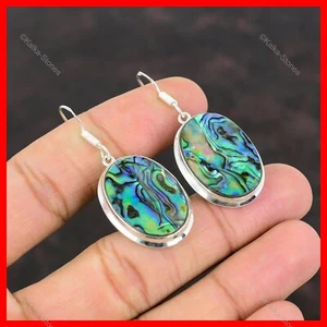925 Sterling Silver Oval Natural Abalone Shell Dangle Drop Halloween Earrings - Picture 1 of 6