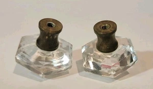Lot Of (2) Vintage Hexagon Small Glass Knob Drawer Pulls Brass End - Picture 1 of 8