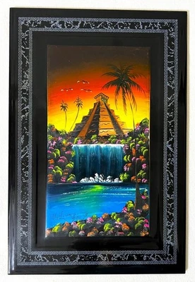 HANDPAINTED AZTEC MAYAN ART STEP PYRAMID ON TILE ARTIST SIGNED MEXICO 12X8" 2018 - Image 1 of 3
