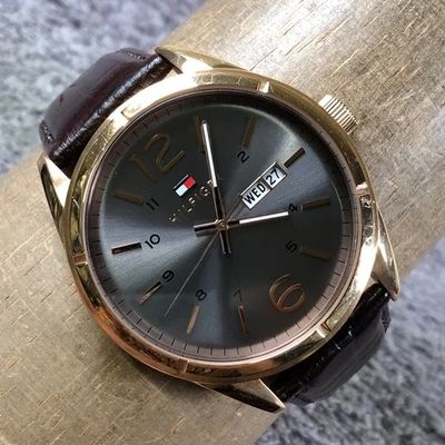 Tommy Hilfiger Men Dress Day Date Black Leather Quartz Analog 44mm Watch 8" - Image 1 of 4