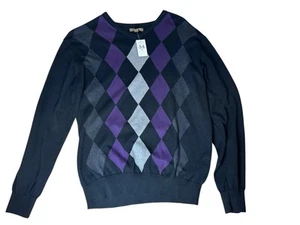 Pronto Uomo Black Sweater Mens XL Black Gray Purple Argyle Cotton NWT - Picture 1 of 5