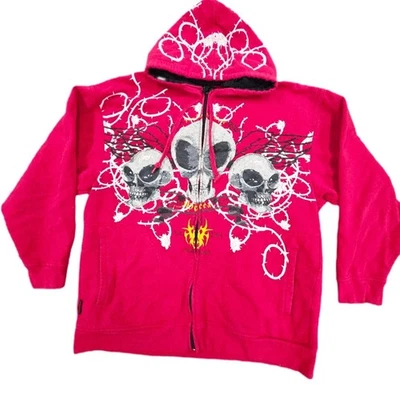 Винтажная мужская толстовка с капюшоном Mecca 3XL с красным черепом на молнии уличная одежда с колючей проволокой 1984 - Изображение 1 из 4