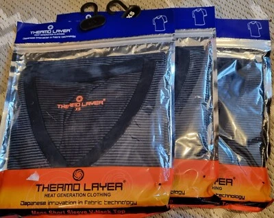 Mens XS Short Sleeve V Neck Black Striped Thermal Tops bundle of 3  - Image 1 of 4