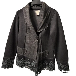  Schwarzer Pullover Mantel mit gesticktem Rand Wollmischung Langarm  - Bild 1 von 12