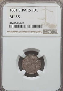 1881 Straits Settlements 10 Cents, NGC AU 55, Malaysia - Picture 1 of 2