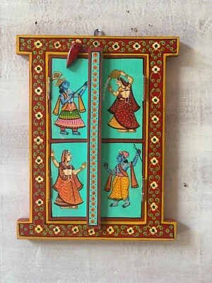 Wall hanging window wooden frame Indian Jharokha Radha Krishna diety painting - Image 1 of 4