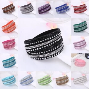 Fashion Leather Rhinestone Bracelet Women Wrap Wristband Cuff Rock Punk Style - Picture 1 of 37