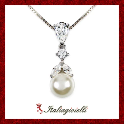 Radiosa Collana Brillante Perla in Argento 925 Rodiato Oro Bianco - Immagine 1 di 4