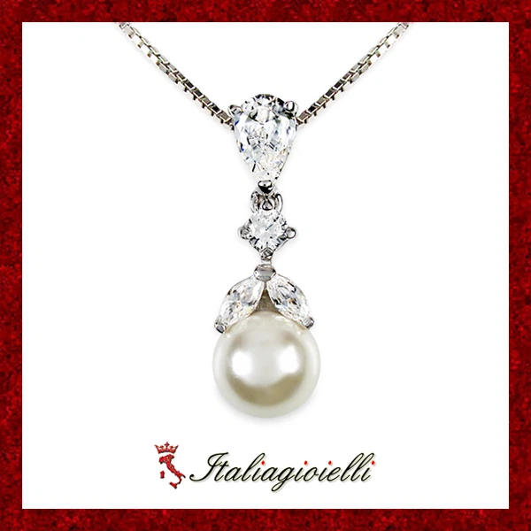 Radiosa Collana Brillante Perla in Argento 925 Rodiato Oro Bianco - Immagine 1 di 4