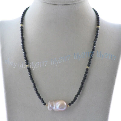 Collar Colgante Perla Keshi Barroca Lavanda Blanco Ágata Negra Facetada 4mm 18"" Foto 1 de 4