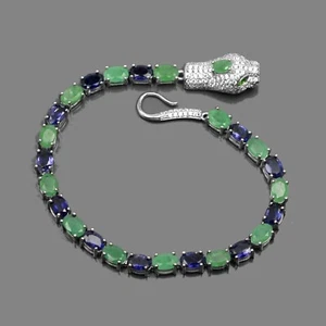 Natural Emerald & Iolite Gemstone 925 Sterling Silver Cobra Tennis Bracelet  - Picture 1 of 8