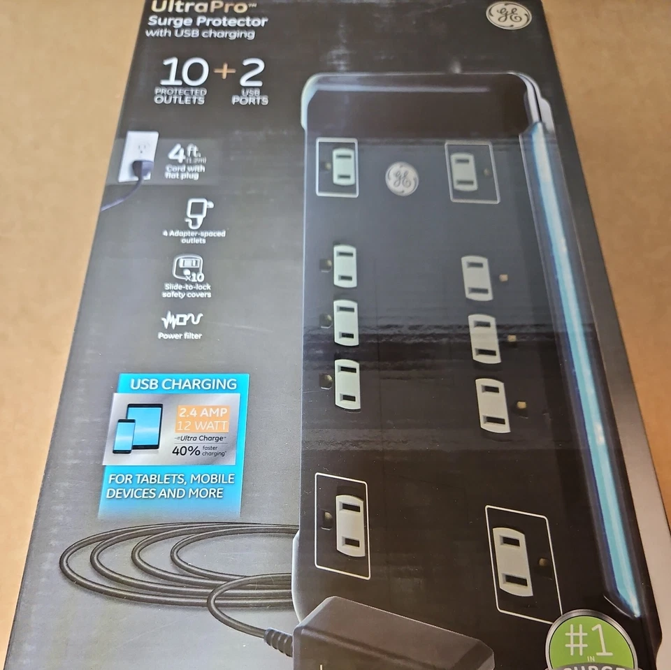 NEW GE Ultra Pro Surge Protector Charging 10 Outlets + 2 USB Ports 4 Ft Cord  - Image 1 of 1